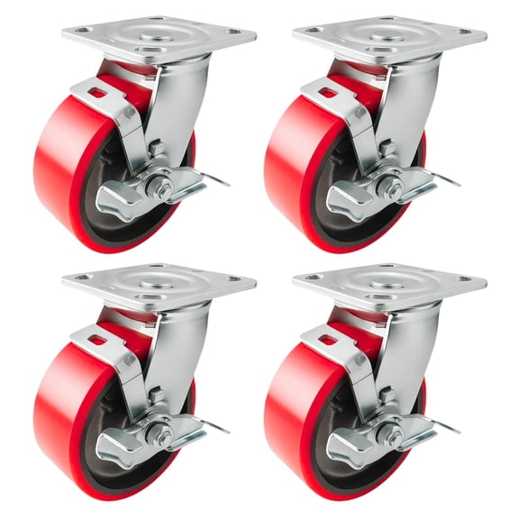 4 Heavy Duty Caster Set 5" Red Polyurethane on Cast Iron Wheels - 4 Swivel with Brake