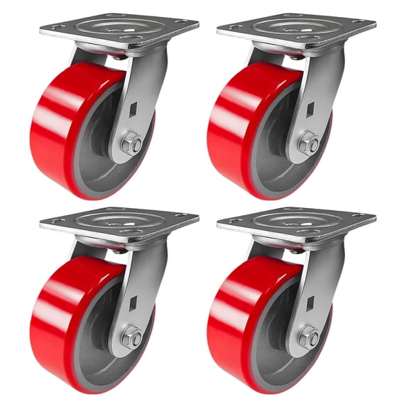 4 Heavy Duty Caster Set 5" Red Polyurethane on Cast Iron Wheels - 4 Swivel