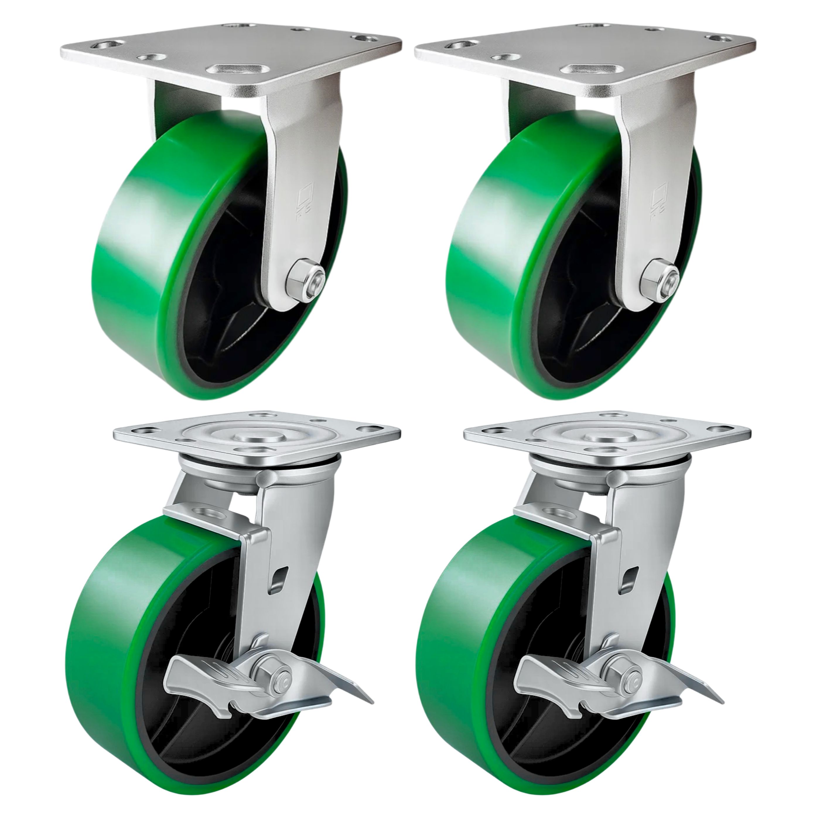 4 Heavy Duty Caster Set 6" Green Polyurethane on Cast Iron Wheels - 2 Rigid + 2 Swivel with Brake