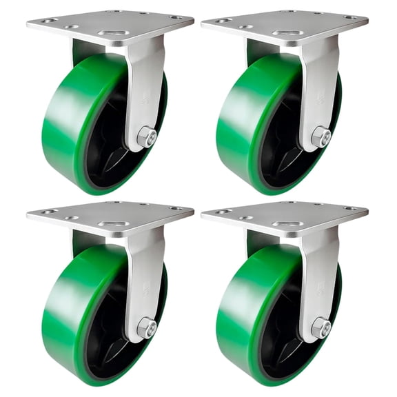 4 Heavy Duty Caster Set 6" Green Polyurethane on Cast Iron Wheels - 4 Rigid