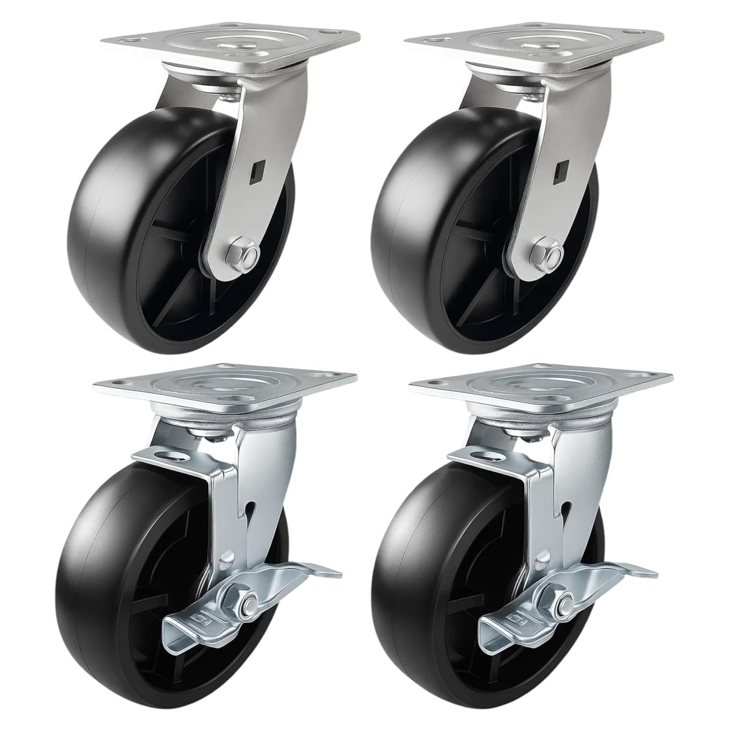 4 Heavy Duty Caster Set 6" Plastic Wheels - 2 Swivel + 2 Swivel with Brake