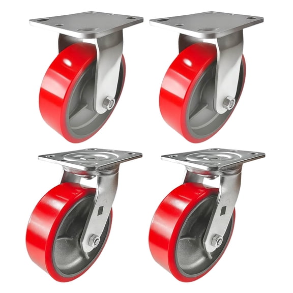 4 Heavy Duty Caster Set 6" Red Polyurethane on Cast Iron Wheels - 2 Rigid + 2 Swivel with Brake