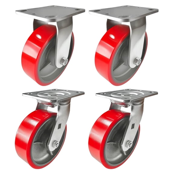 4 Heavy Duty Caster Set 6" Red Polyurethane on Cast Iron Wheels - 2 Rigid + 2 Swivel