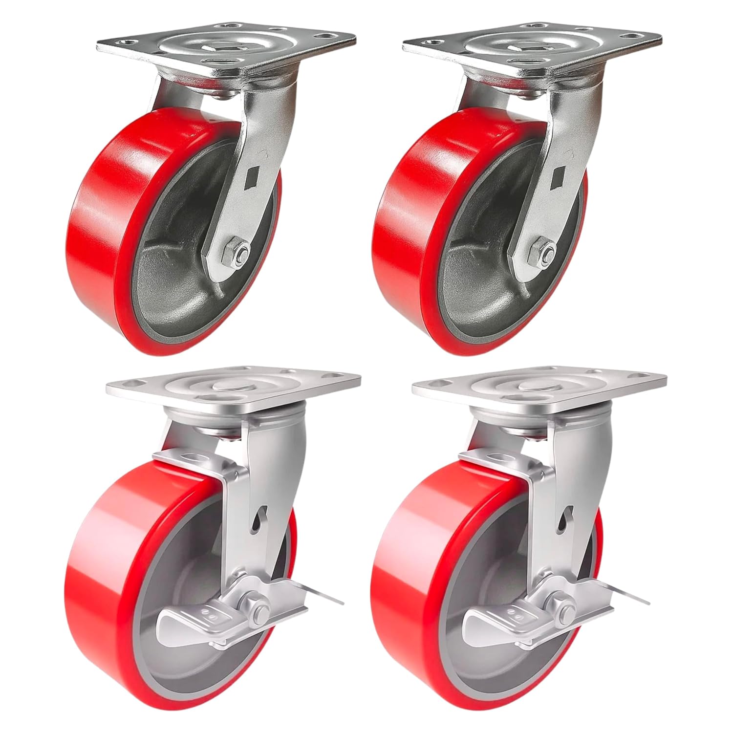 4 Heavy Duty Caster Set 6" Red Polyurethane on Cast Iron Wheels - 2 Swivel + 2 Swivel with Brake