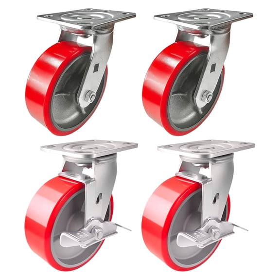 4 Heavy Duty Caster Set 6" Red Polyurethane on Cast Iron Wheels - 2 Swivel + 2 Swivel with Brake