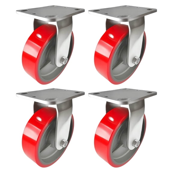 4 Heavy Duty Caster Set 6" Red Polyurethane on Cast Iron Wheels - 4 Rigid