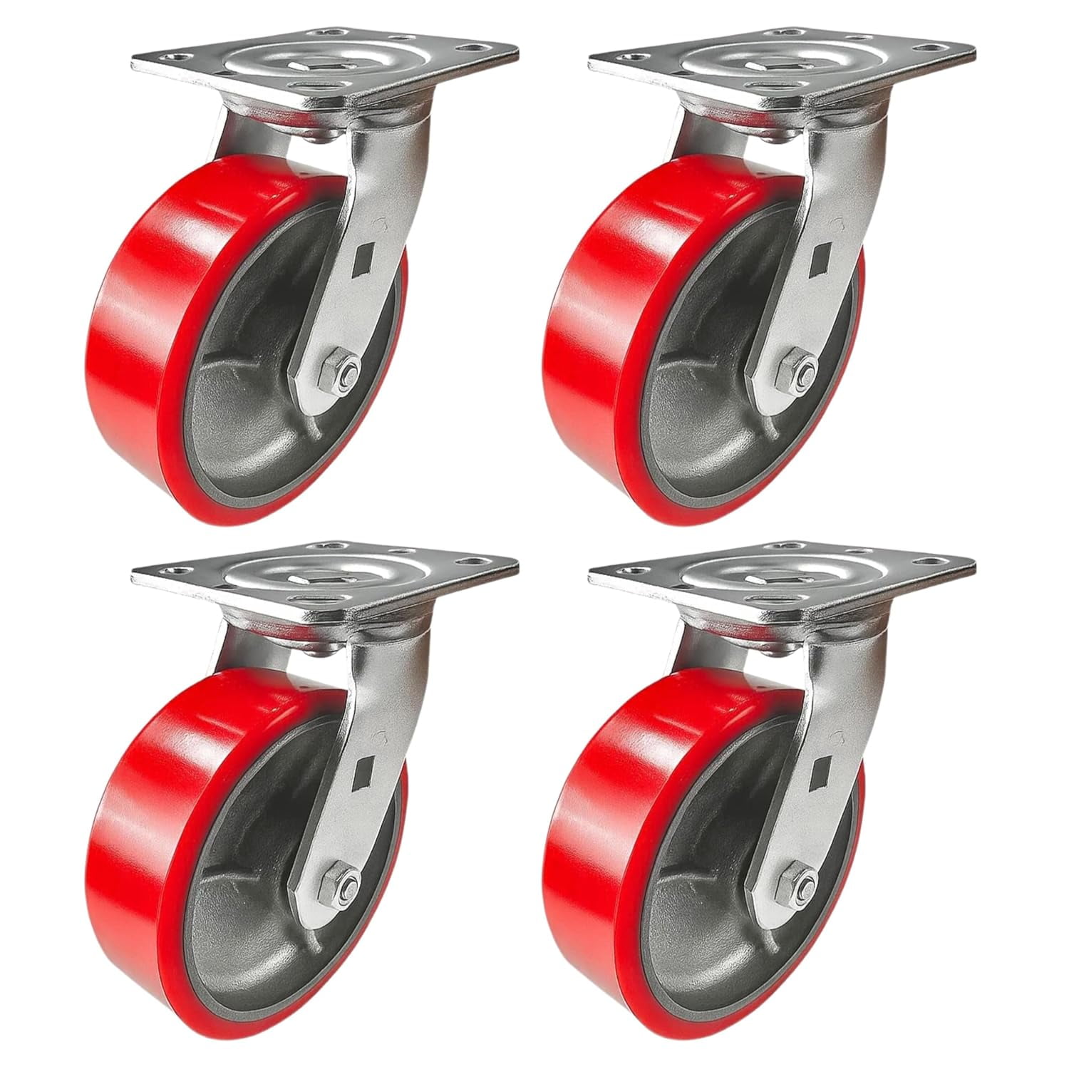 4 Heavy Duty Caster Set 6" Red Polyurethane on Cast Iron Wheels - 4 Swivel