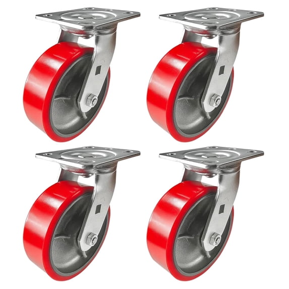 4 Heavy Duty Caster Set 6" Red Polyurethane on Cast Iron Wheels - 4 Swivel