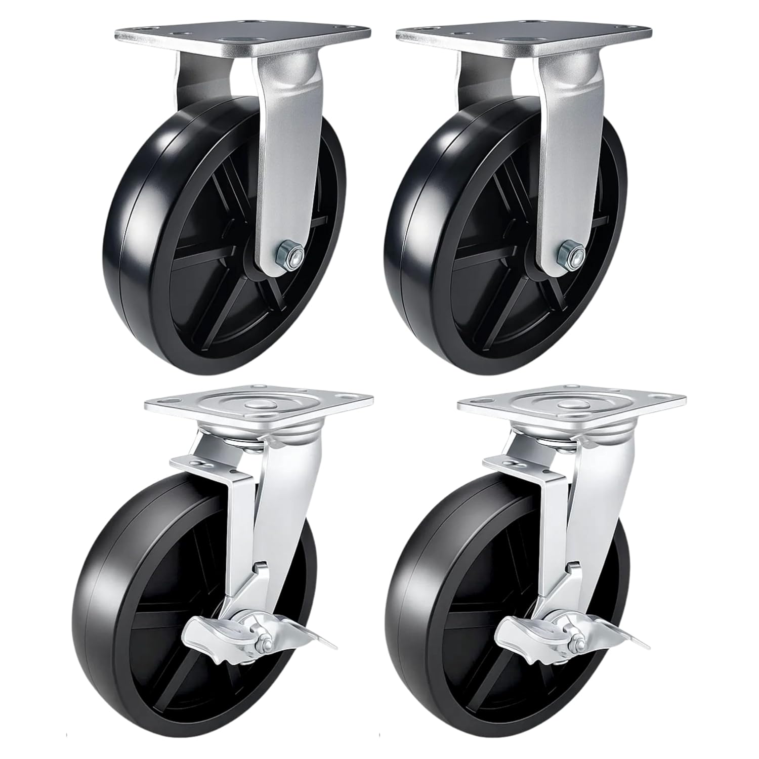 4 Heavy Duty Caster Set 8" Plastic Wheels - 2 Rigid + 2 Swivel with Brake