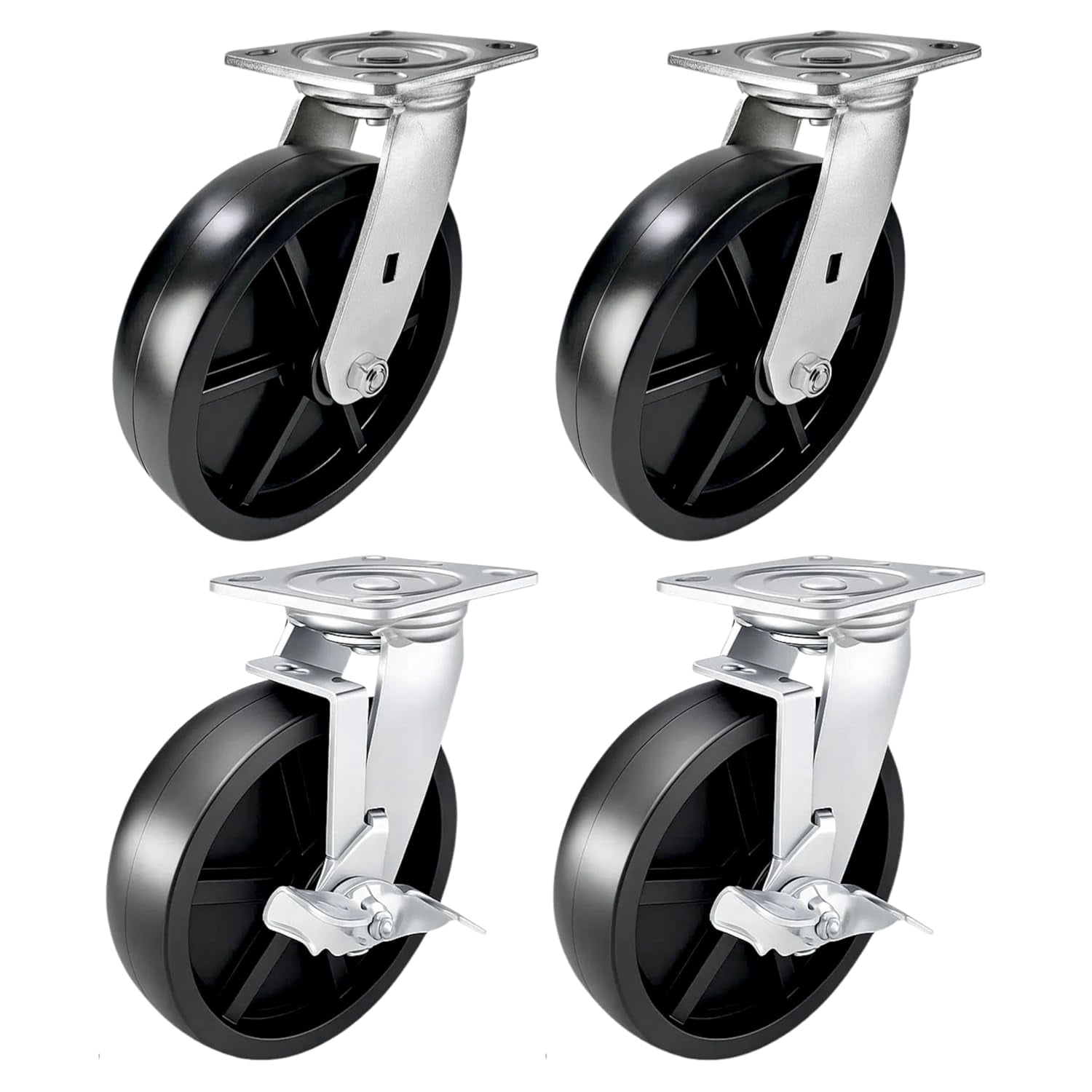4 Heavy Duty Caster Set 8" Plastic Wheels - 2 Swivel + 2 Swivel with Brake