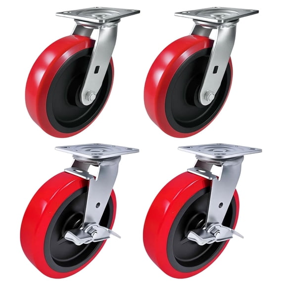 4 Heavy Duty Caster Set 8" Polyurethane on Plastic Wheels - 2 Swivel + 2 Swivel with Brake