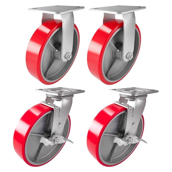 4 Heavy Duty Caster Set 8" Red Polyurethane on Cast Iron Wheels - 2 Rigid + 2 Swivel with Brake