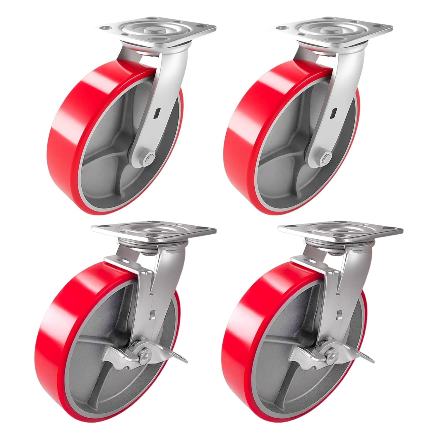 4 Heavy Duty Caster Set 8" Red Polyurethane on Cast Iron Wheels - 2 Swivel + 2 Swivel with Brake