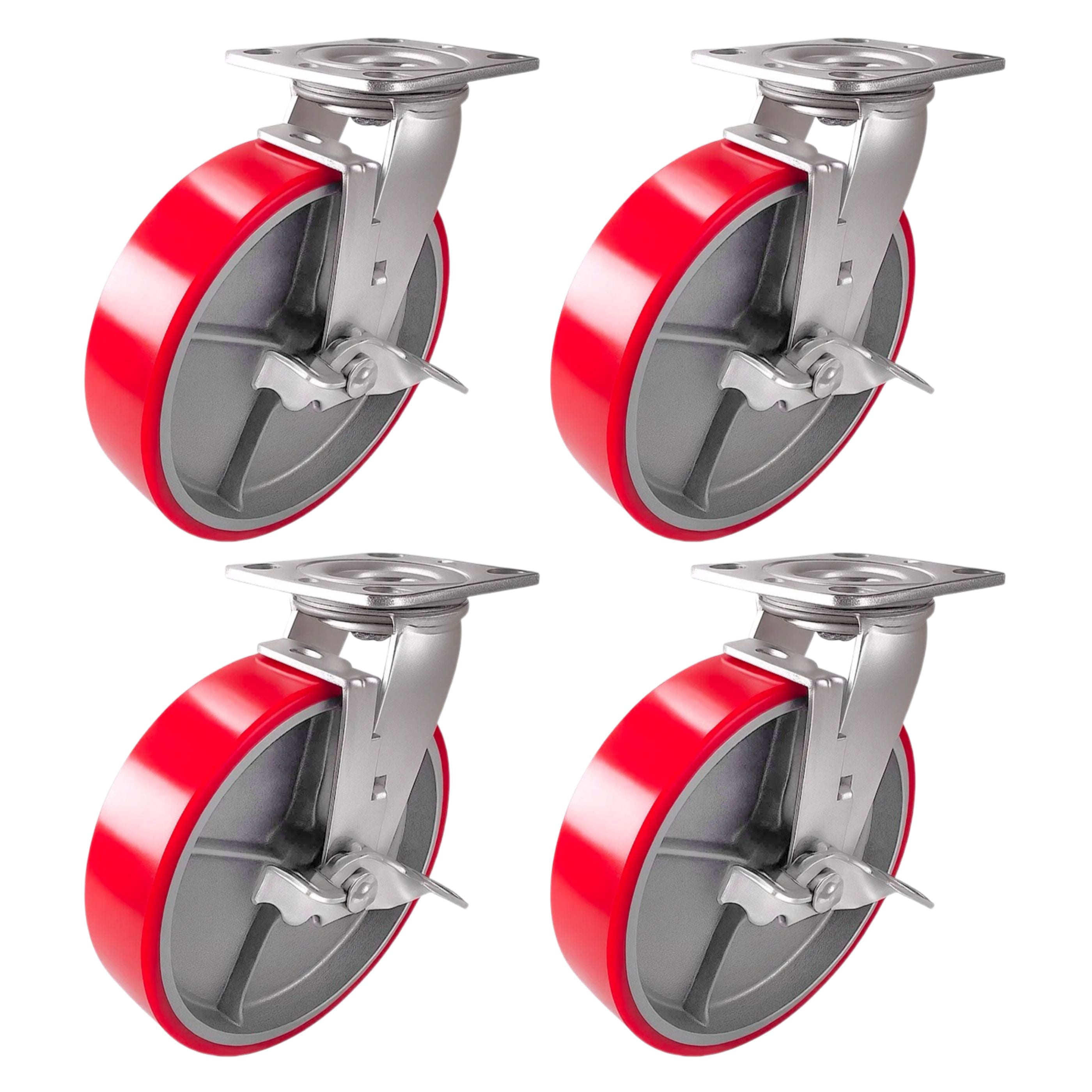 4 Heavy Duty Caster Set 8" Red Polyurethane on Cast Iron Wheels - 4 Swivel with Brake