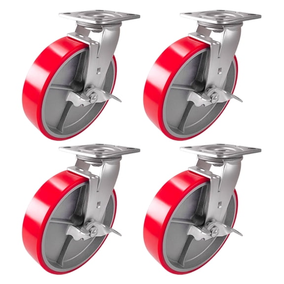 4 Heavy Duty Caster Set 8" Red Polyurethane on Cast Iron Wheels - 4 Swivel with Brake