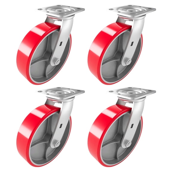 4 Heavy Duty Caster Set 8" Red Polyurethane on Cast Iron Wheels - 4 Swivel
