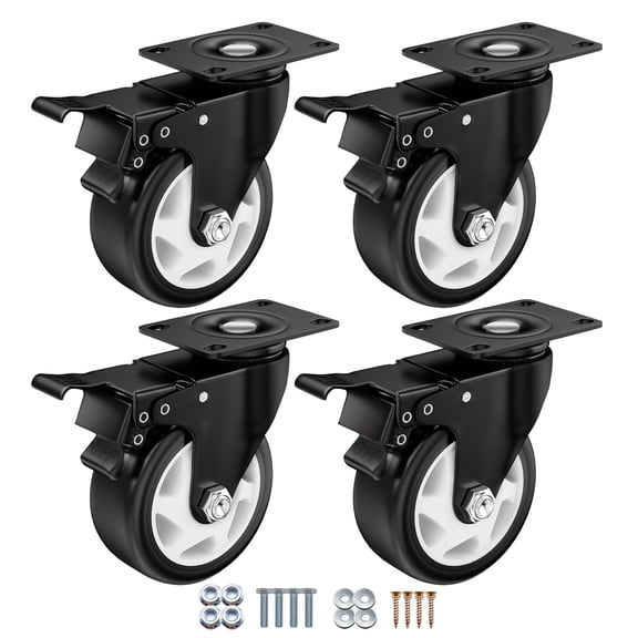 4" Heavy Duty Plate Casters, 1200 Lbs Dual Brake - Set of 4 | Black 360 Swivel Casters. Dual-Pedal Easy Lock/Unlock. Soft PU Wheels Won't Mark Floors. For Workbench, Furniture, Cart.