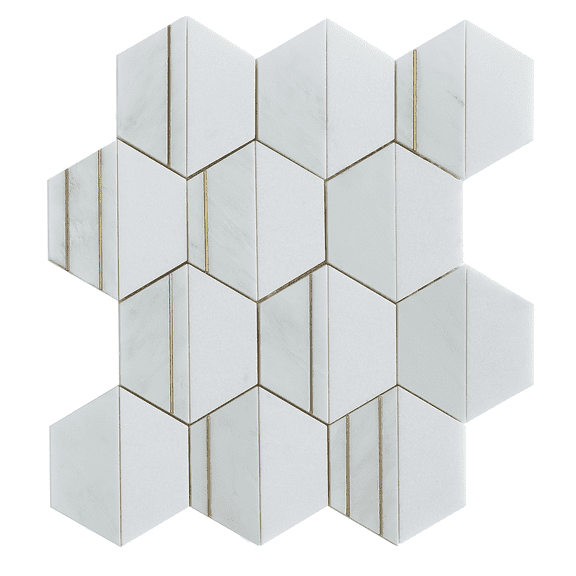 4" Hexagon Mix Marble And Metal Mosaic Tile - Case (8 Sheets)