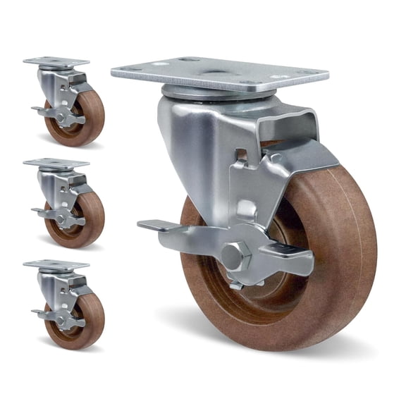 4" Hi-Temp Glass FiIled Nylon Casters, Heavy Duty Casters Set of 4, Industrial Caster Wheels for Commercial Kitchen, Bakery - 2400 lbs Capacity(4 Brake)