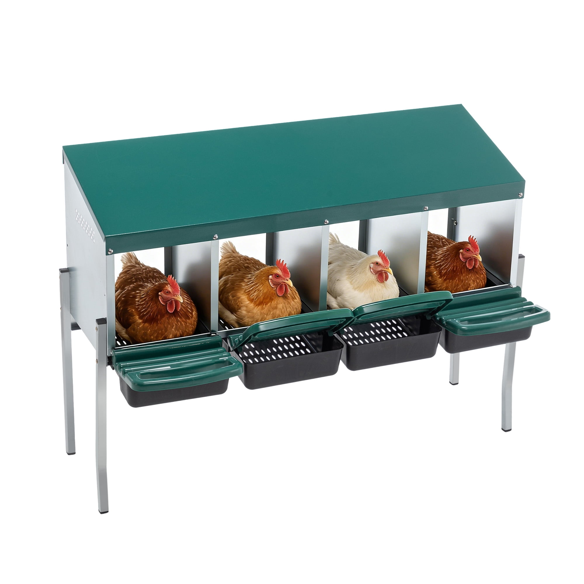 4-Hole Chicken Nesting Box with Legs & Lid Cover, Galvanized Steel Freestanding & Wall-Mount Egg Laying Box, Green Poultry Nest Box for Coop Farm