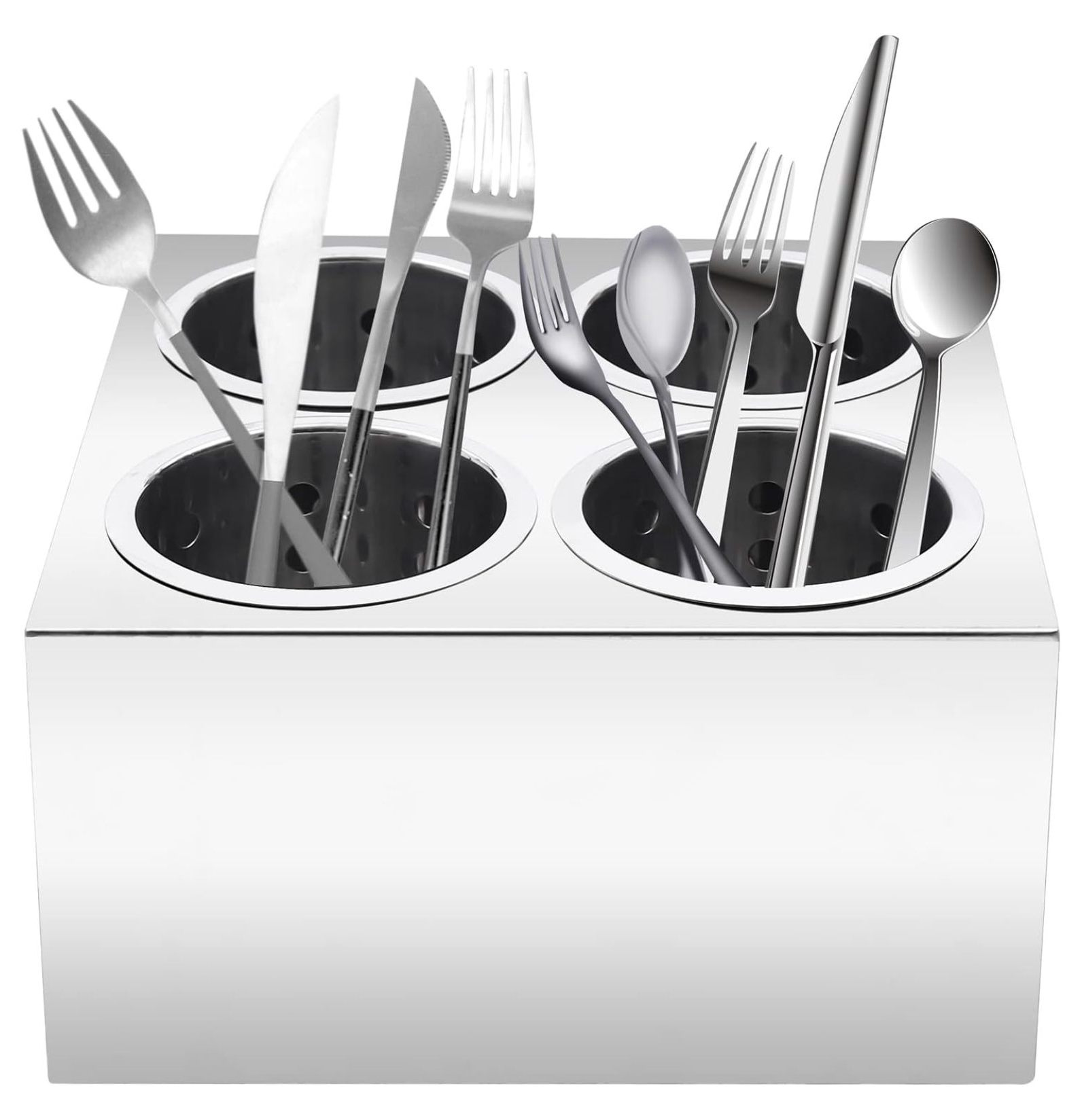4Hole Flatware Cylinder Holder with Cups, Stainless Steel Cylinder Flatware