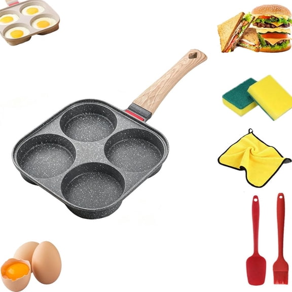 4 Hole Frying Pan,4 Circle Pan with Lid,Four Cup Breakfast Sandwich Pans,Nonstick Divided Egg Omelet Skillet,Mini Mcgriddle Pans for Stove Top and Induction Compatible,For Breakfast,Pancake (GRAY-A)