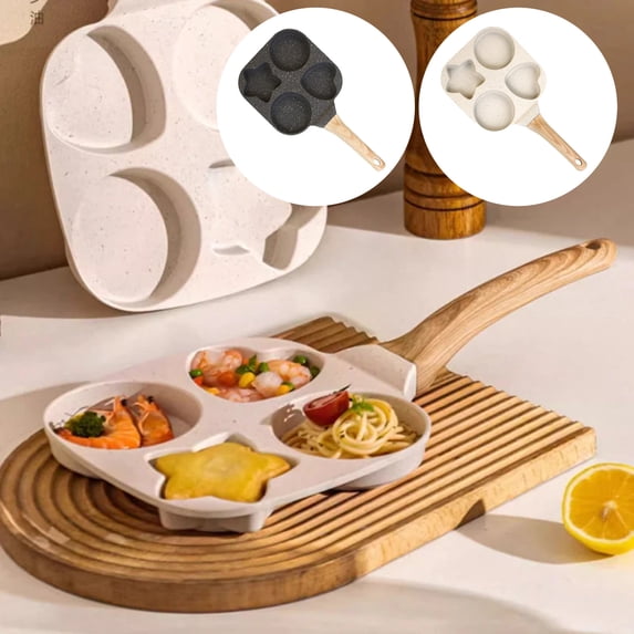 4 Hole Frying Pan Non-stick Egg Cooker Pancake Maker with Wood Handle Multi-purpose Split Omelette Pan for Breakfast Gas Stoves and Induction Cookers Black Black