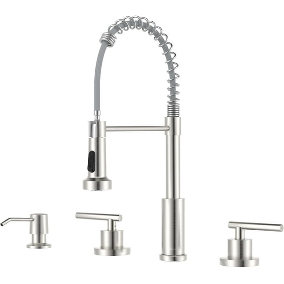 4 Hole Kitchen Faucet, 2 Handle Kitchen Faucets with Soap Dispenser, Pull Down Sprayer, 3 or 4 Hole Sink Faucet for Bar, Faucets for Sink, Brushed Nickel