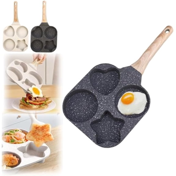 4 Hole Non Stick Egg Frying Pan, Egg Frying Pan Nonstick Star and Heart, Breakfast Frying Pans for Cooking Eggs, Granite Eggs Pans with Anti-scald Handle (Black)
