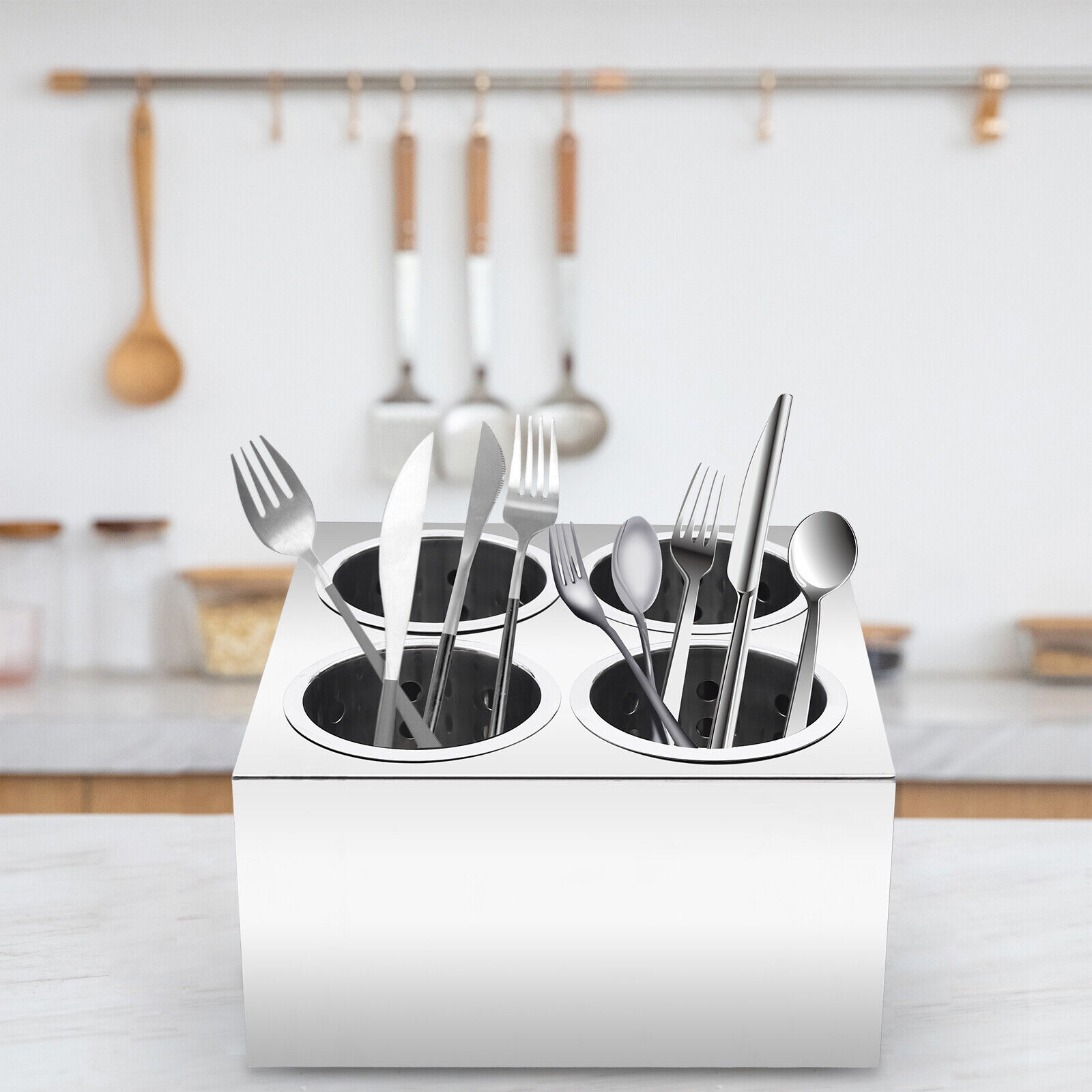 Spoon Container Rectangular 4 Hole Stainless Steel Spoon Container Flatware Holder Storage Box ...