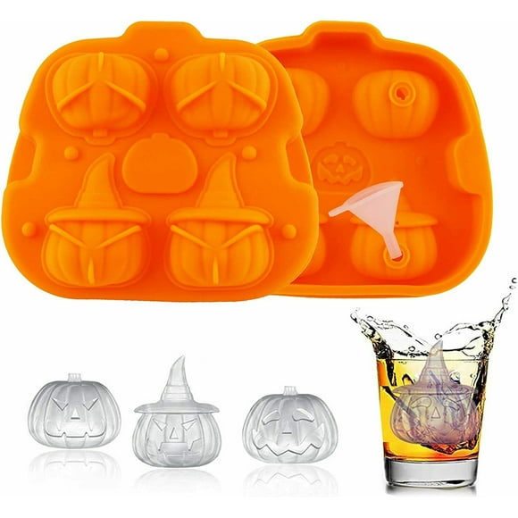 4 Holes Silicone 3D Pumpkin Ice Cube Trays Chocolate Candy Jelly Soap Molds for Halloween Theme Party Whiskey Wine Cocktail Coffee Ice Maker Food Grade