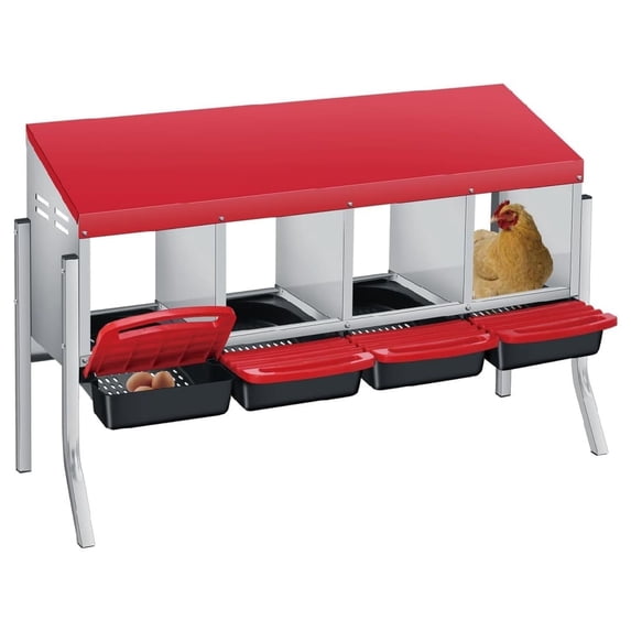 4 Holes with legs-Galvanized Steel Chicken Nesting Box-Automatic Roll Out Egg Collection Removable Tray-Weatherproof Wall Mount Laying Box with Perch for Hens-Easy Clean Assemble for Coop-Red