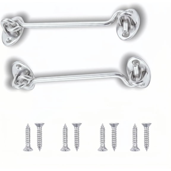 4" Hook and Eye Latch, Stainless Steel Gate Latch Barn Door Lock Cabin Hooks with Screws for Barn Door Gate Shutters Window Slide Shed Cabinet Bathroom (2 Pack-)