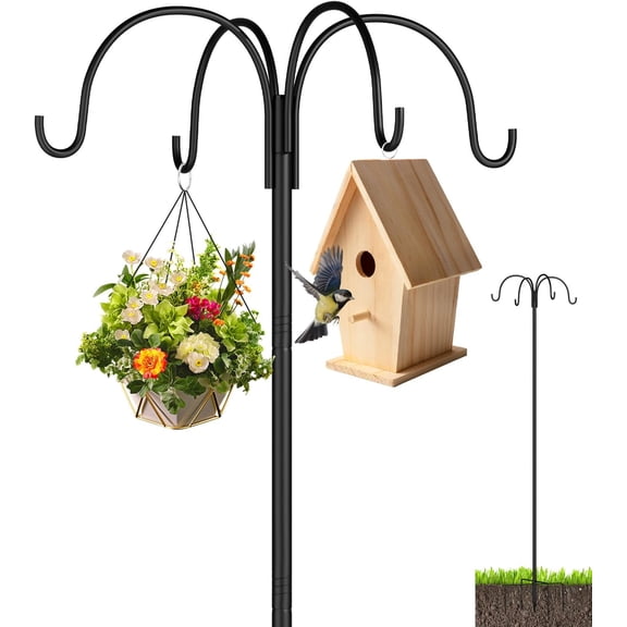 4-Hook Shepherds Hooks for Outdoor, 88" Heavy Duty Bird Feeder Pole with 5 Prongs Base, Adjustable Garden Hook for Hanging Plant, Hummingbird Feeder, Lantern, Solar Light, Garden Hook for Outside