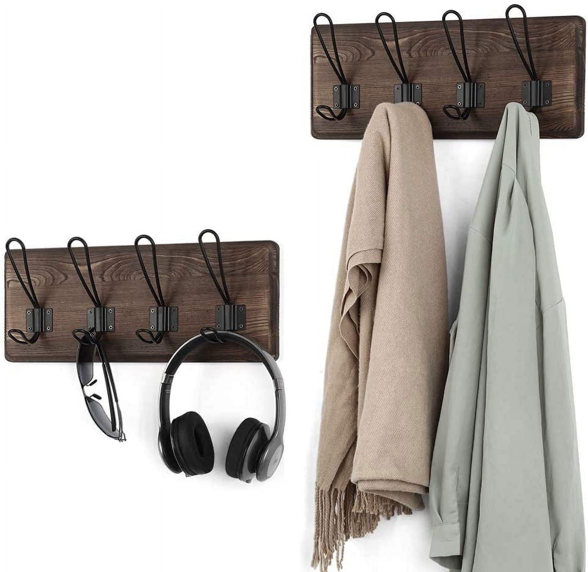 4 Hooks Wood Rustic Coat Hanger, Wall Mounted, 2 Pack, 10 lbs Limit by