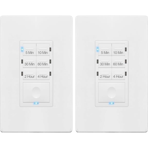 4-Hour Countdown Timer Switch, 5-10-30-60 Min, 2-4 Hour, for Bathroom Fans, Lights, 120VAC Neutral Wire Required, UL Listed, HET06-W-2PCS, White, 2 Pack