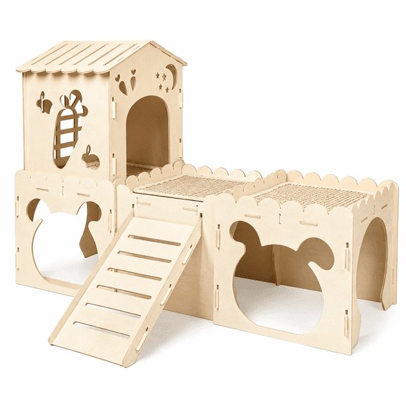 4 Houses with Pad Wooden Small Animal Habitat Climbing Tower Play and Rest Space