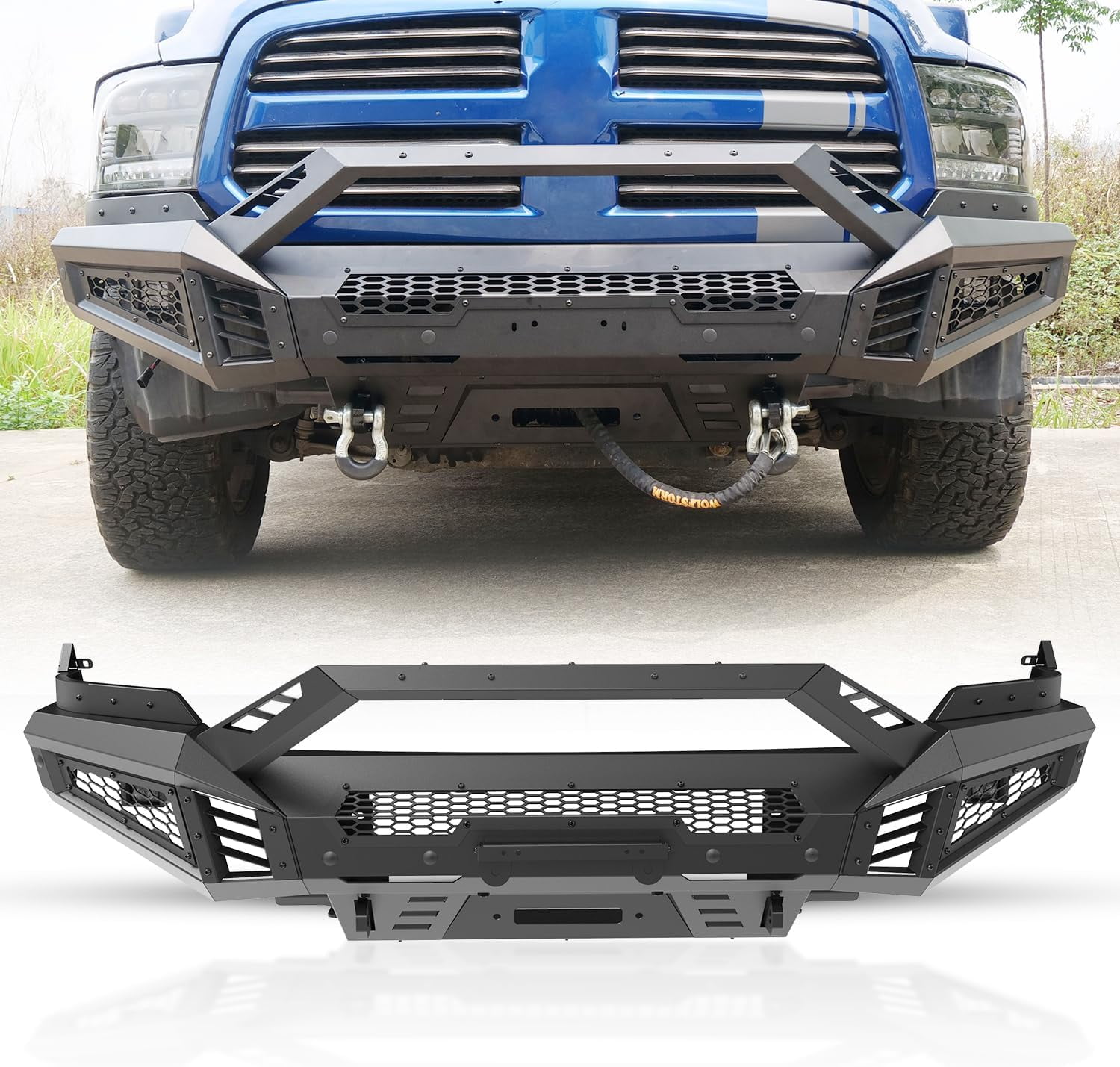 4 IN 1 Front Bumper for 2013-2018 Dodge RAM 1500 Pickup Truck(Excluding Rebel)/2019-2023 Ram 1500 (Exculding Warlock) Heavy Duty Steel Bumper w/Bull Bar + Skid Plates + 2*Side Wings​