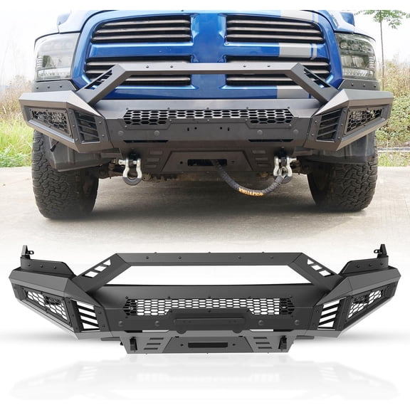 4 IN 1 Front Bumper for 2013-2018 Dodge RAM 1500 Pickup Truck(Excluding Rebel)/2019-2023 Ram 1500 (Exculding Warlock) Heavy Duty Steel Bumper w/Bull Bar + Skid Plates + 2*Side Wings​
