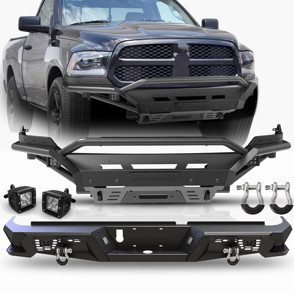 4 IN 1 Front Bumper(Side Wings+Bull Bar+Skid Plates)&Rear Bumper w/LED Pod Lights+D-Rings For 2013-2018 Ram 1500 Pickup Truck Excluding Rebel and For 2019-2024 Dodge Ram 1500 Classic Exculding Warlock