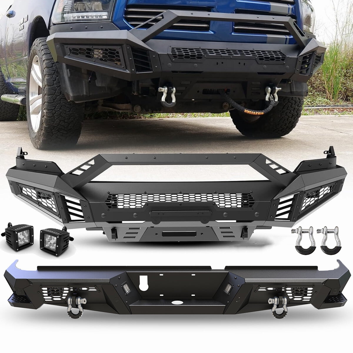 4 IN 1 Bumper Set with LED Lights, D-Rings for 2013-2018 Ram