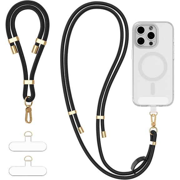 4-IN-1 Phone Lanyard + Wrist Strap Kit with 2 Pack Tabs, Universal Adjustable Phone Strap Crossbody, Anti-Theft Neck Lanyard for iPhone 17 Pro Max and Most Smartphones, Black