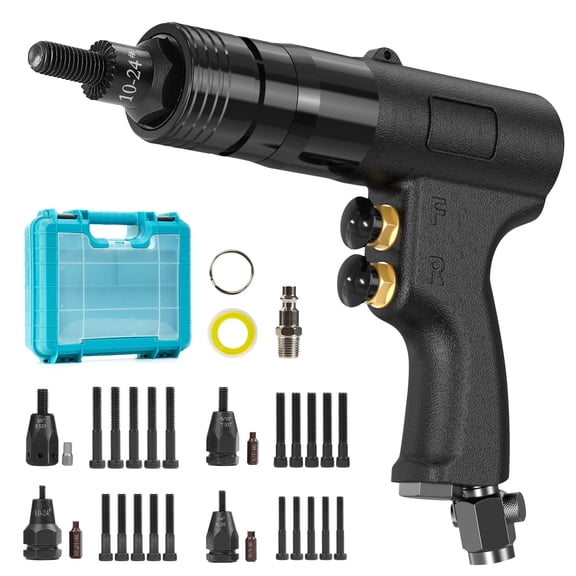 4-IN-1 Pneumatic Rivet Nut Gun Set, Air Nutsert Tool (10-24, 1/4, 5/16, 3/8) Riveters, Quick Change Nozzle, Ergonomic Handle for Industrial Use