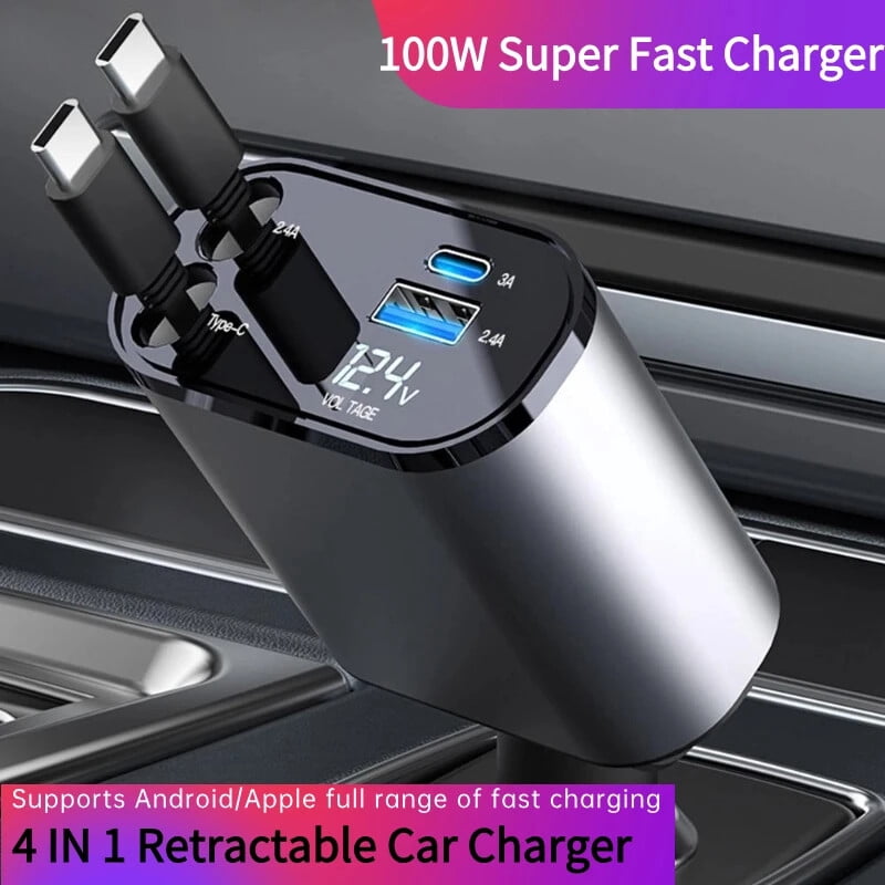 4 IN 1 Retractable 100W USB C Car Charger Adapter, Dual Port Fast Charging for Phones and Tablets