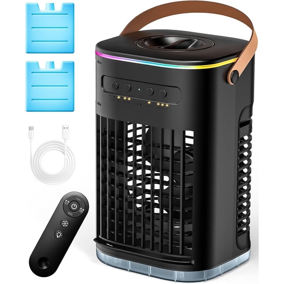 4-IN-1 Small Air Cooler, 2Ice Packs, 16.5ft Remote, 1200ML Tank, 7H Smart Timer, 3Speed & 2Cool Mist Up to 100Sq.ft Personal Air Cooler, 7Color Light Portable AC Unit for Bedrooms
