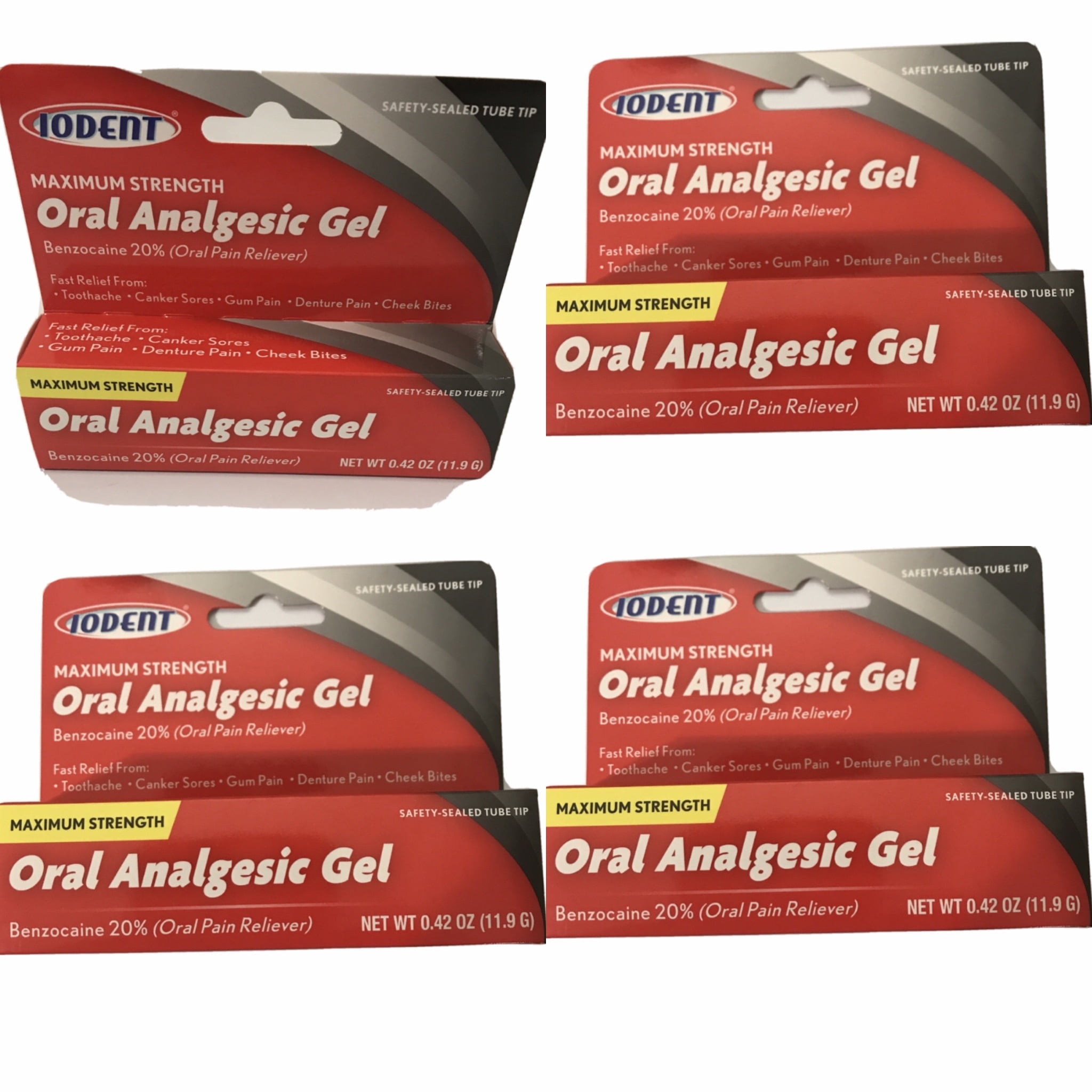 4 IODENT Maximum Strenght Oral Analgesic Gel Benzocaine 20% 0.42 oz Each