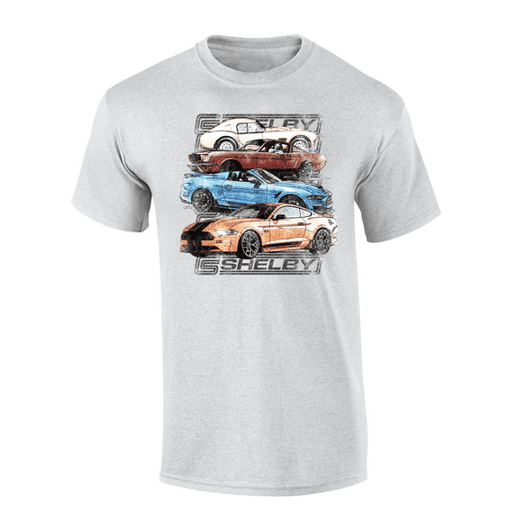 4 Iconic Mustang Models 1965-Present Shelby Cobra Mustangs Vintage Car Short Sleeve Adult Graphic T-Shirt-Ash-medium