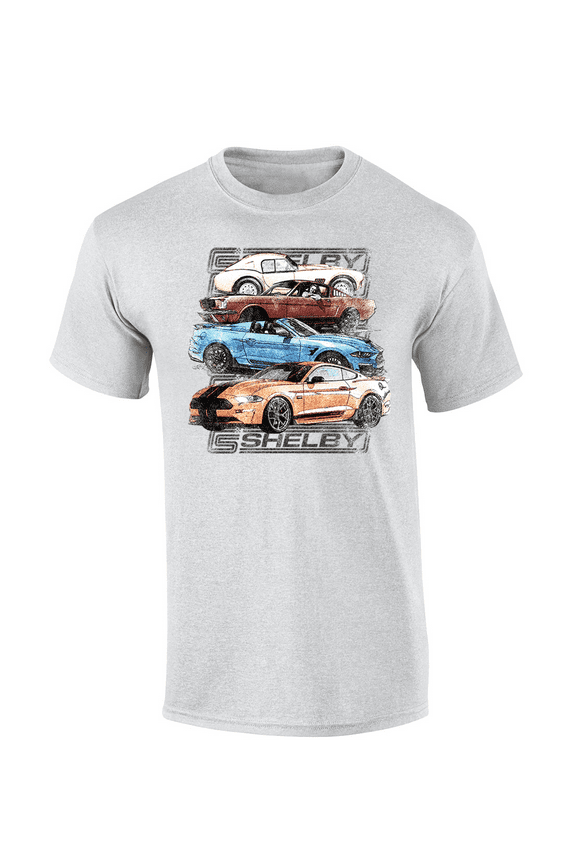 4 Iconic Mustang Models 1965-Present Shelby Cobra Mustangs Vintage Car Short Sleeve Adult Graphic T-Shirt-Ash-medium