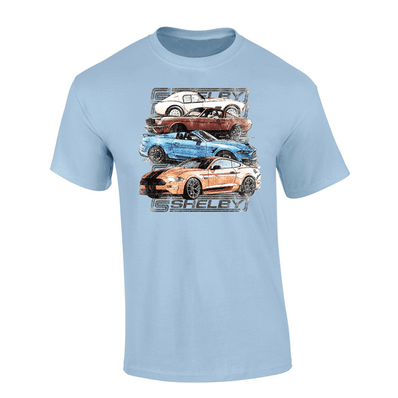4 Iconic Mustang Models 1965-Present Shelby Cobra Mustangs Vintage Car Short Sleeve Adult Graphic T-Shirt-Light Blue-5xl