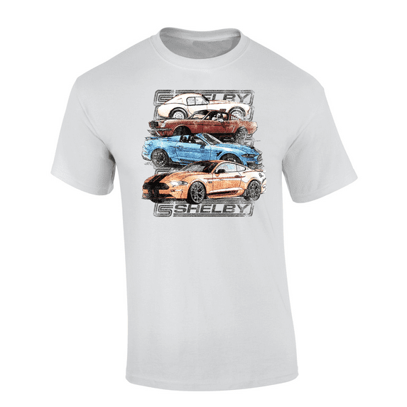 4 Iconic Mustang Models 1965-Present Shelby Cobra Mustangs Vintage Car Short Sleeve Adult Graphic T-Shirt-White-medium